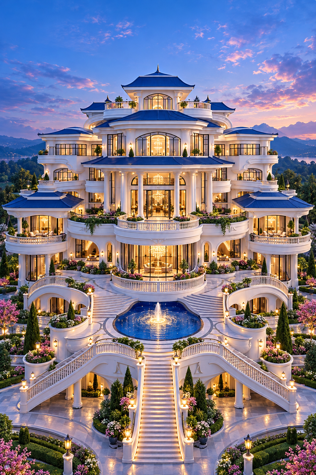 A magnificent ivory academy mansion with blue roofs, sweeping stairs and a glowing fountain